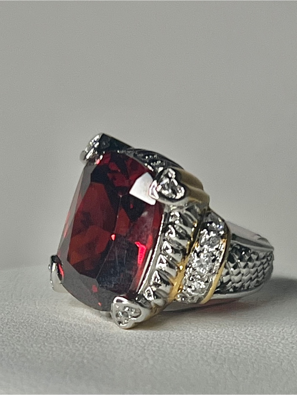Estate Ring with Rich Red Glass stone and Mixed Metal Accents
